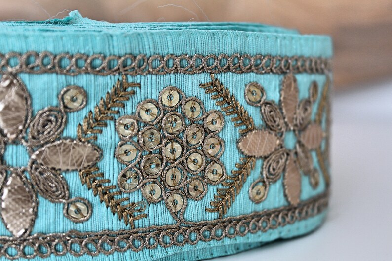 Turquoise and Gold sequin embroidered Fabric Trim Gota Sari trim with sequins Indian laces and Trims