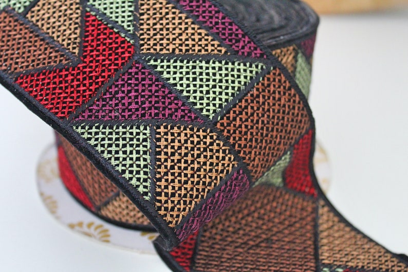 Muted Red,Purple,Brown Geometric Cross stitch Embroidered Fabric Trim Geometric Trim Cross stitch Embroidery Indian laces and Trims