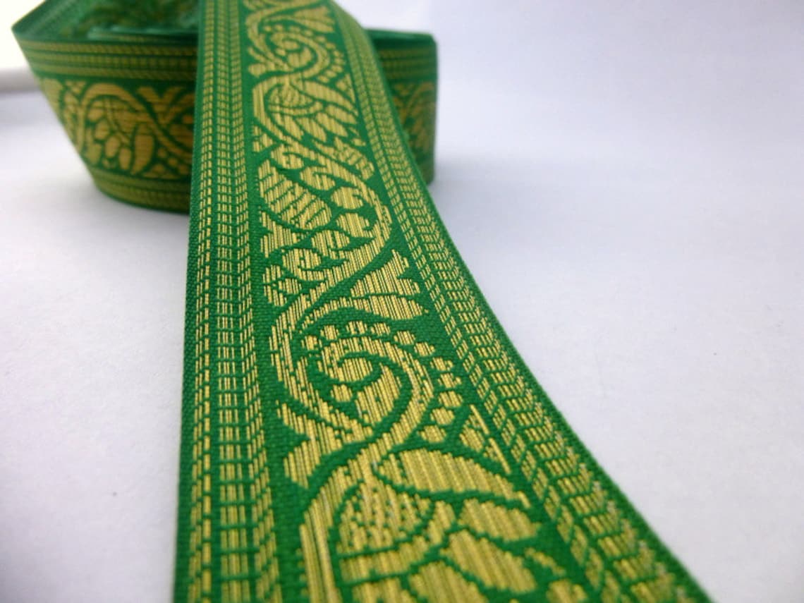Green and Gold Floral Embroidered Cotton Trim 1 Yard Etsy