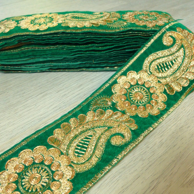 Green and Gold Flowersembroidered Gold Work Fabric Trim BP Etsy