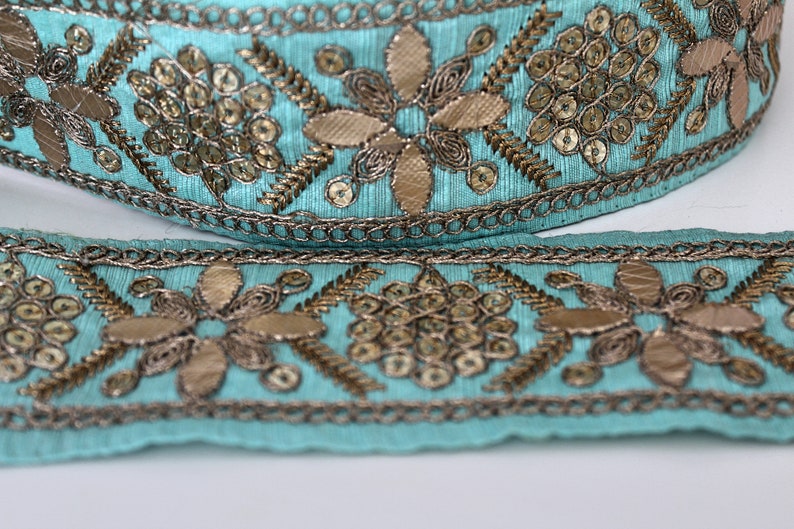 Turquoise and Gold sequin embroidered Fabric Trim Gota Sari trim with sequins Indian laces and Trims