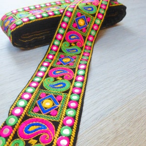 Pink and Green Paisley-fabric Trim-Embroidered Kutch work fabric trim- BP ET 042
