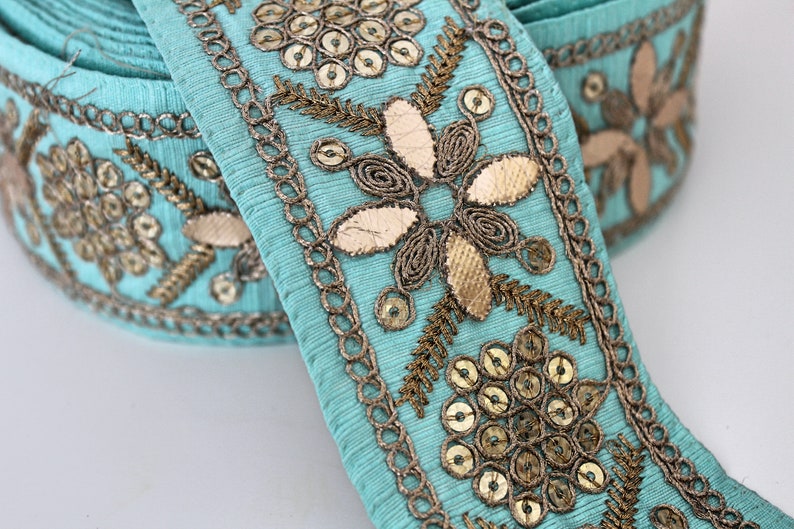 Turquoise and Gold sequin embroidered Fabric Trim Gota Sari trim with sequins Indian laces and Trims