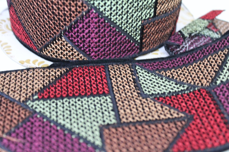 Muted Red,Purple,Brown Geometric Cross stitch Embroidered Fabric Trim Geometric Trim Cross stitch Embroidery Indian laces and Trims