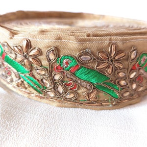 Green Parrots and Gold bejewelled trim, Pearl Embellished trim, stone work trim