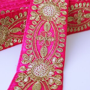 Fuchsia and Gold sequin Rising Sun embroidered Fabric Trim, trim with sequins, Indian laces and Trims, Trim by the yard