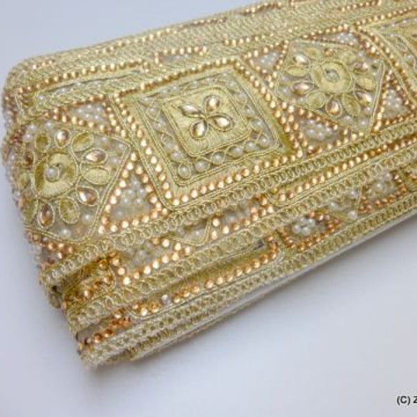 Gold Pearl Embellished Trim -24, Cut work trim, Embellished trim, Decorative fabric trim, Filigree Trim