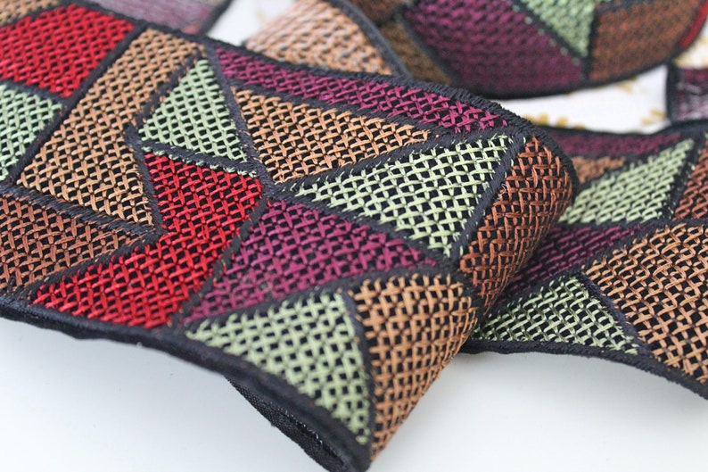 Muted Red,Purple,Brown Geometric Cross stitch Embroidered Fabric Trim Geometric Trim Cross stitch Embroidery Indian laces and Trims