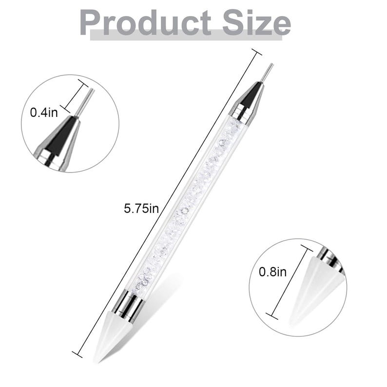 K&ouml;nnte beinhalten: Ein doppelseitiges Nailart-Werkzeug mit einem transparenten, kristallbesetzten Griff. Ein Ende hat eine feine Metallspitze, das andere eine wei&szlig;e, kegelf&ouml;rmige Silikonspitze. Das Werkzeug ist 14,6 cm lang.