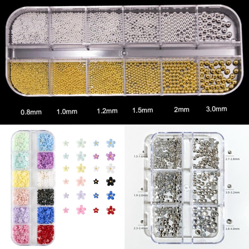K&ouml;nnte beinhalten: Eine Sammlung von Nagelkunstzubeh&ouml;r, darunter verschieden gro&szlig;e silberne und goldene Metallperlen, bl&uuml;tenf&ouml;rmige Verzierungen und Strasssteine. Die Perlengr&ouml;&szlig;en reichen von 0,8 mm bis 3,0 mm. Strasssteine von 1,5 mm bis 4,0 mm.