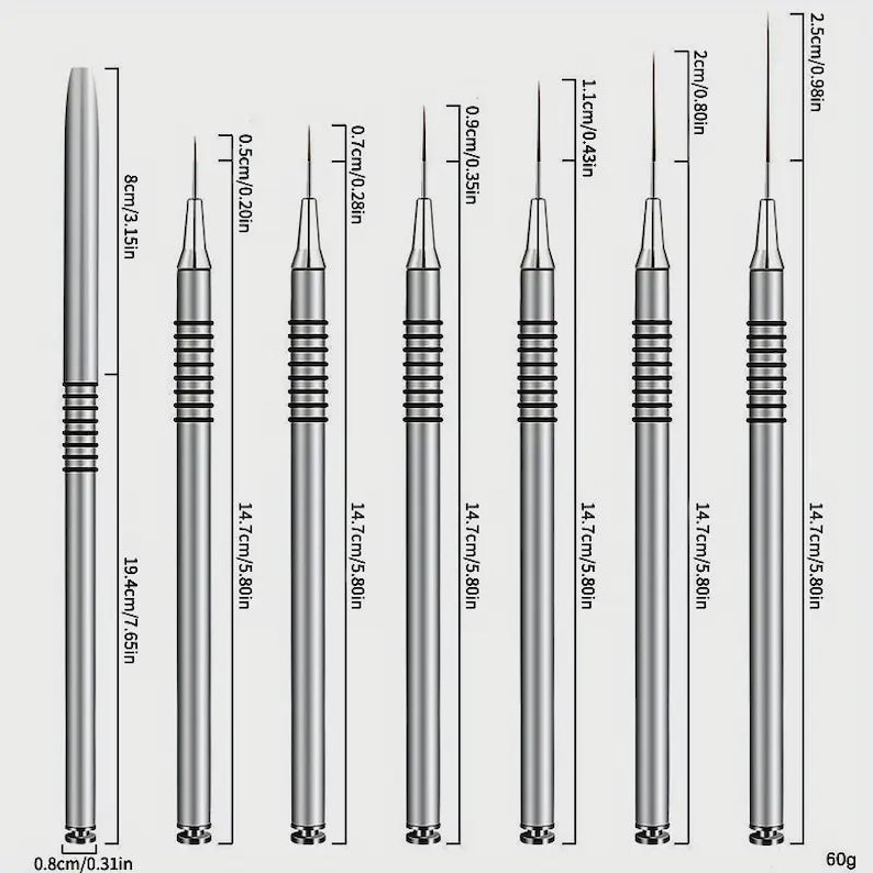 K&ouml;nnte beinhalten: Ein Set aus neun silberfarbenen Metall-Punktwerkzeugen in verschiedenen Gr&ouml;&szlig;en, mit Ma&szlig;en in Zentimetern und Zoll. Die Werkzeuge sind zwischen 0,8 cm und 19,4 cm lang und haben einen Durchmesser von 0,5 cm bis 2,5 cm. Werkzeuge f&uuml;r Nailart und Basteln.
