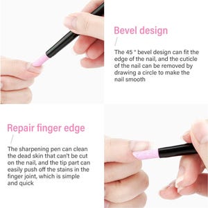 K&ouml;nnte beinhalten: Ein schwarzes Nagelpflege-Werkzeug mit einem rosa, abgewinkelten Ende wird gezeigt. Der Text im Bild lautet "Reparieren Sie den Fingerrand" und "Fasendesign".
