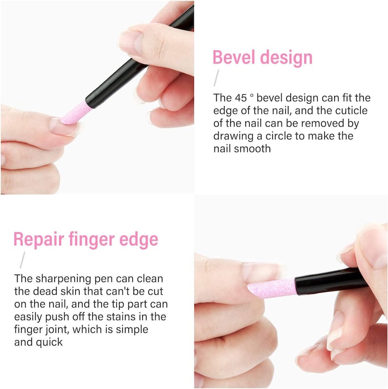 K&ouml;nnte beinhalten: Ein schwarzes Nagelpflege-Werkzeug mit einem rosa, abgewinkelten Ende wird gezeigt. Der Text im Bild lautet "Reparieren Sie den Fingerrand" und "Fasendesign".