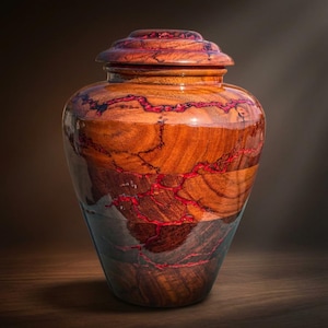 Red Resin Fractal Burned Rosewood Cremation Urn | Handmade Wooden Urn for Adult Human Ashes | Memorial Keepsake Box | Funeral Urn |