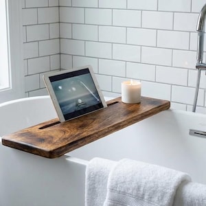 Estante de madera para bañera, hecho a mano con bandeja impermeable para bañera de spa, organizador de estantes para bañera, regalo de decoración de baño de madera natural de lujo.
