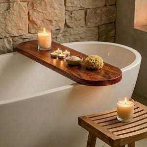 Rosewood Bath Caddy Tray – Handmade Wooden Bathtub Spa Organizer Shelf