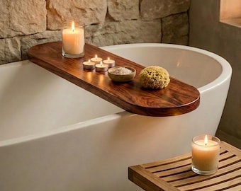 Rosewood Bath Caddy Tray – Handmade Wooden Bathtub Spa Organizer Shelf