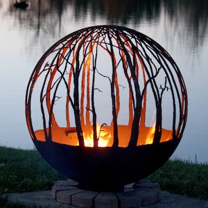Winter Woods 37" CUSTOM Fire Pit Sphere. The peaceful birch trees seem to draw you in, as though standing in a quiet forest sanctuary.  Winter Woods is a gorgeous landscaping centerpiece to be sure!