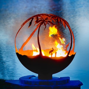 Another Day in Paradise Fire Pit - Palm Tree Firepit Sphere with Flat Steel Base.