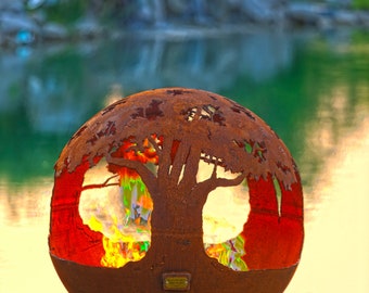Tree of Life Fire Pit Sphere - Hand Cut Steel Sculptural Firepit