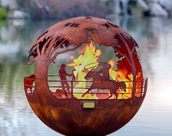 Round Up Ranch Fire Pit Sphere with Flat Steel Base or Horseshoe Base - horse firepit