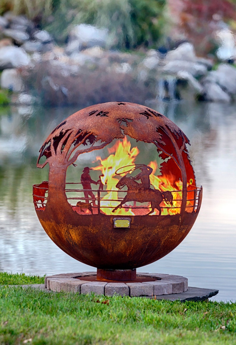 Round Up Ranch Fire Pit Sphere with Flat Steel Base or Horseshoe Base Custom Made image 1