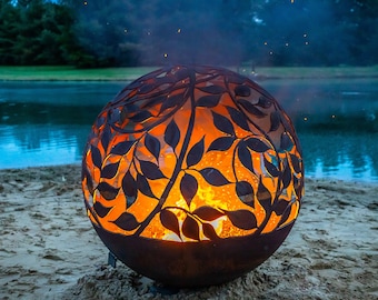 Eden 37" CUSTOM Steel Fire Pit Sphere Whimsical Vine and Leaf design is simple - yet simply beautiful!  Perfect for your Garden Retreat