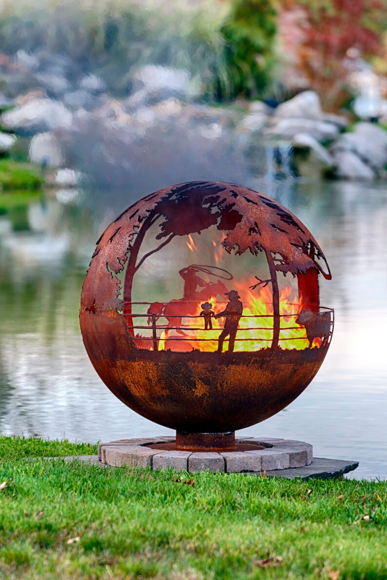 Round Up Ranch Fire Pit Sphere with Flat Steel Base or Horseshoe Base Custom Made image 4