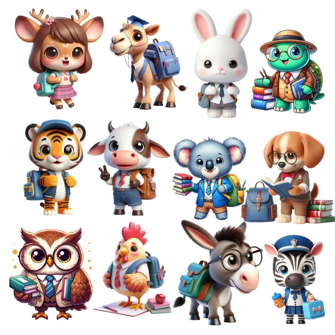 Back to School Bundle Clipart, Cute Animals PNG, Back to School, Back ...