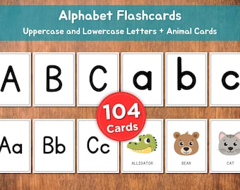 May include: Alphabet flashcards featuring uppercase and lowercase letters, plus animal cards. The cards display the letters A, B, and C, both uppercase and lowercase, along with illustrations of an alligator, bear, and cat. The set includes 104 cards.