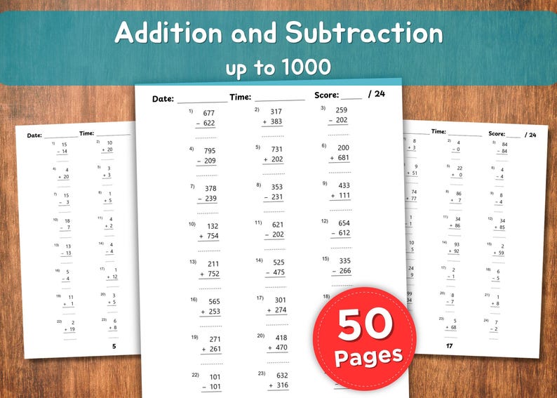 May include: Educational workbook with addition and subtraction problems up to 1000. The workbook includes 50 pages of math exercises, with space for the date, time, and score. The cover features the title "Addition and Subtraction up to 1000".