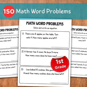 May include: Educational math worksheets with word problems for 1st grade. The worksheets are white with black text and include problems about apples, cows, and cookies. The title "150 Math Word Problems" is at the top.