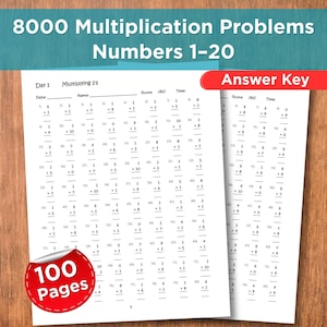 May include: Two white worksheets with multiplication problems, labeled "8000 Multiplication Problems Numbers 1-20." The worksheets include an answer key and are marked "Day 1." A red sticker indicates "100 Pages."