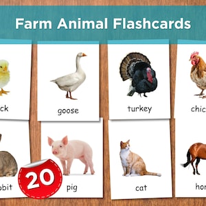 Può includere: Un set di flashcard con animali della fattoria, tra cui pulcino, oca, tacchino, pollo, coniglio, maiale, gatto e cavallo. Le carte sono disposte su uno sfondo di legno, con il titolo "Farm Animal Flashcards" in alto.
