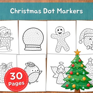 Könnte beinhalten: Eine Sammlung von Weihnachts-Punktmarker-Aktivitätsseiten. Die Seiten zeigen Illustrationen einer Katze, einer Schneekugel, eines Lebkuchenmanns, eines Schneemanns, einer Geschenktüte, eines Vogels, eines Engels und eines Weihnachtsbaums. Der Text "Christmas Dot Markers" ist oben.