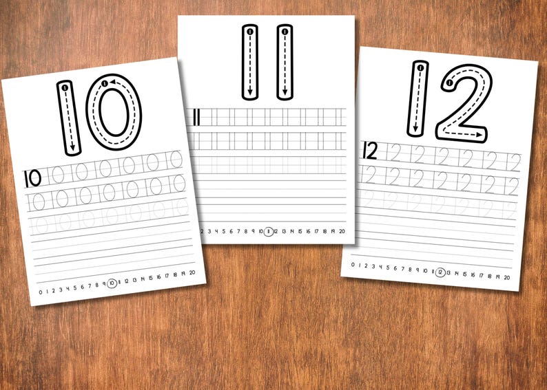May include: Three white sheets of paper with black numbers for tracing. The numbers 10, 11, and 12 are displayed at the top of each sheet. Each sheet has lines for tracing the numbers and a number line at the bottom.