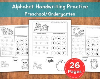 Alphabet Handwriting Practice A–Z | 26 Printable Letter Worksheets | Tracing, Phonics & Letter Hunt for Preschool/Kindergarten