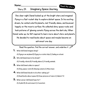 May include: A black and white worksheet titled "Imaginary Space Journey" with a story about space exploration and questions to answer. The worksheet includes the text "Read the story" and "Read the question, find the correct answer, and underline it."
