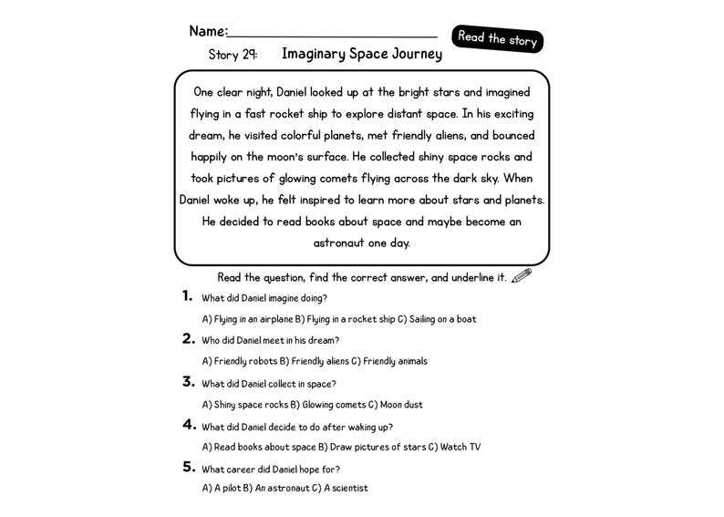 May include: A black and white worksheet titled "Imaginary Space Journey" with a story about space exploration and questions to answer. The worksheet includes the text "Read the story" and "Read the question, find the correct answer, and underline it."