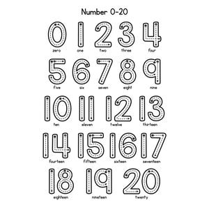 May include: Black and white educational chart displaying numbers 0-20 with corresponding words. Each number is outlined with a dotted line, designed for tracing. The title "Number 0-20" is at the top.
