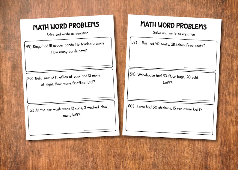 May include: Two white worksheets with math word problems. The text "MATH WORD PROBLEMS" is at the top of each sheet. Problems include subtraction and addition questions. The worksheets are on a wooden surface.
