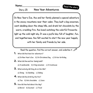 May include: A black and white worksheet with the title "New Year Adventures" and questions about a story. The story describes a family's New Year's Eve in the snowy mountains. Questions include details about the family's activities.