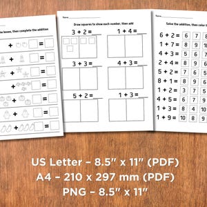 May include: Three white worksheets with addition problems for children. The worksheets include addition problems with pictures and number boxes. The worksheets are US Letter size, 8.5" x 11" (PDF) and PNG.