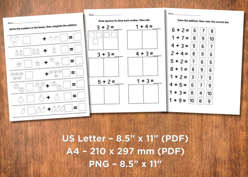 May include: Three white worksheets with addition problems for children. The worksheets include addition problems with pictures and number boxes. The worksheets are US Letter size, 8.5" x 11" (PDF) and PNG.