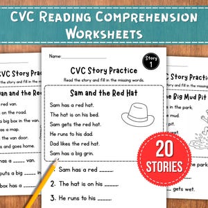 Puede incluir: Un conjunto de hojas de trabajo de comprensión lectora CVC con historias como Sam and the Red Hat y The Big Mud Pit. Cada página incluye una historia corta, un dibujo lineal y preguntas para completar. Un lápiz amarillo descansa sobre el papel.