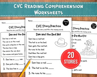 CVC Reading Comprehension Worksheets, Kindergarten & 1st Grade, 20 Short Phonics Stories with Questions, Printable PDF