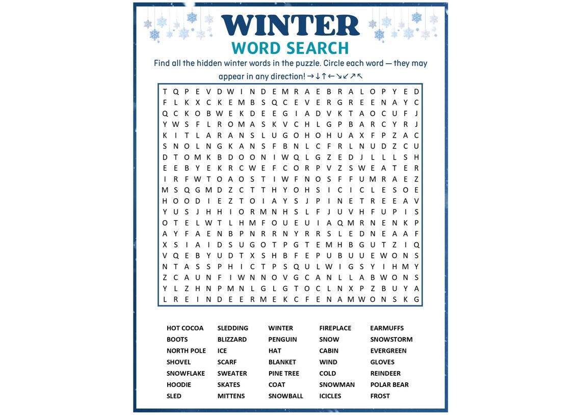 Winter Word Search Puzzle | Printable Winter Game for Kids & Adults ...
