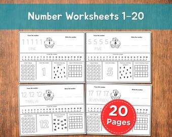 Number Worksheets 1–20 | 20 Printable Math Pages for Preschool and Kindergarten | Trace, Write, Count, Color and Find the Number
