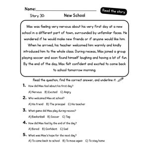 May include: A black and white worksheet with the title "New School" and a short story about a boy named Max. The worksheet includes questions about the story, with multiple-choice answers to underline.