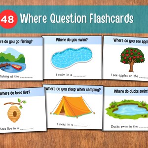 May include: Educational flashcards with the title "48 Where Question Flashcards". Each card features a question and a corresponding image, such as "Where do you go fishing?" with a picture of a boat. The cards are on a wooden background.